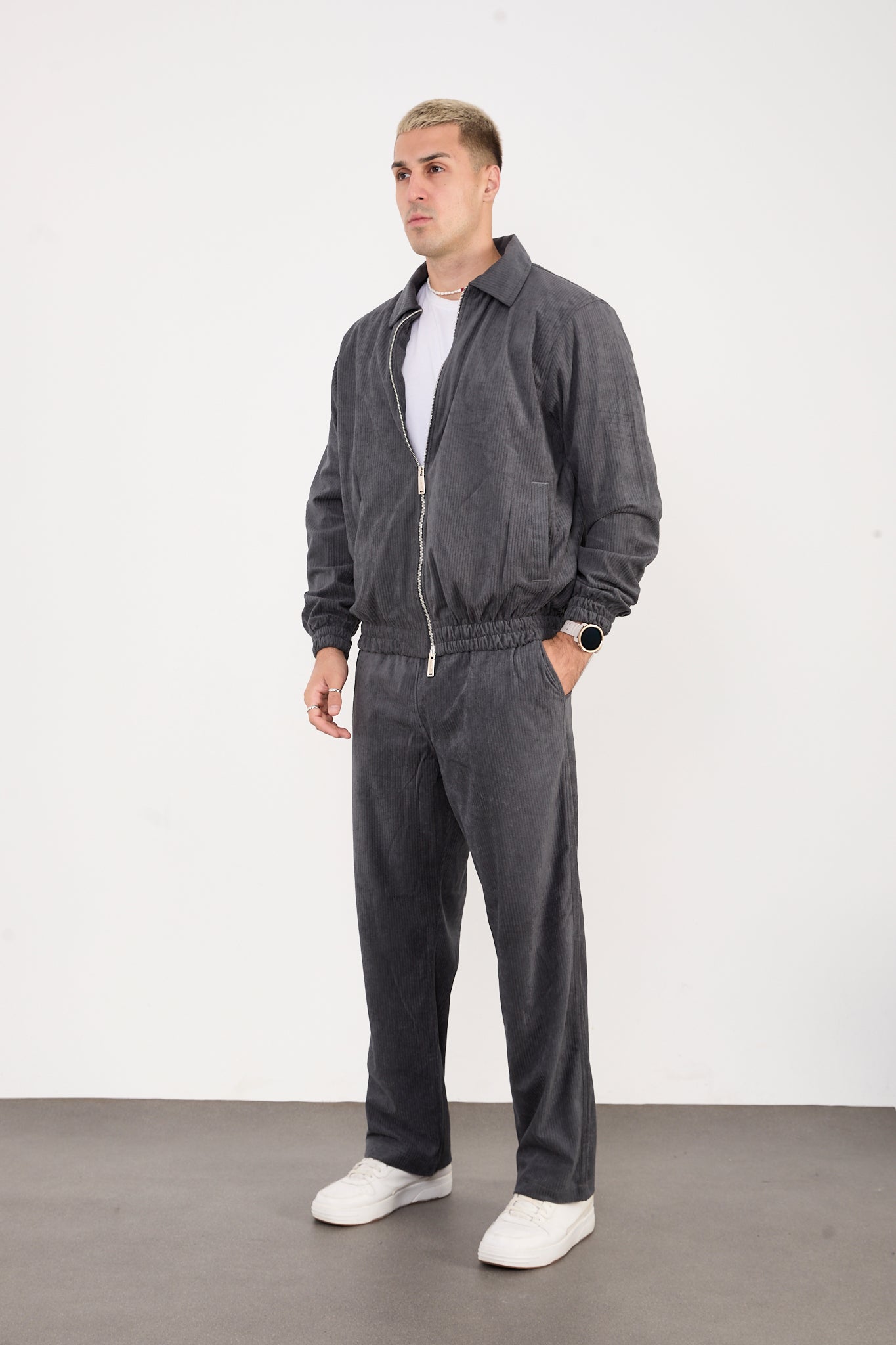 X-2037 Men’s Velour Zip Jacket & Matching Trousers Set – Grey
