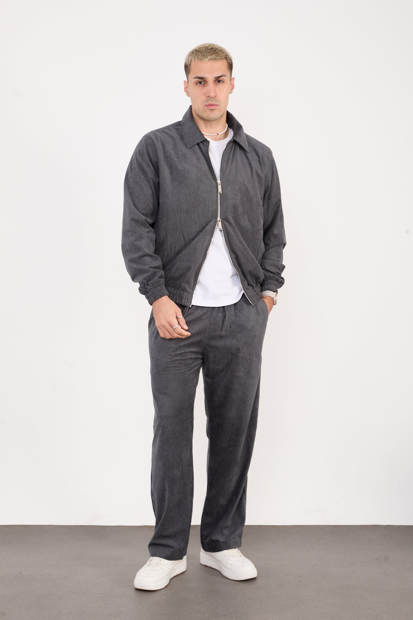 X-2037 Men’s Velour Zip Jacket & Matching Trousers Set – Grey
