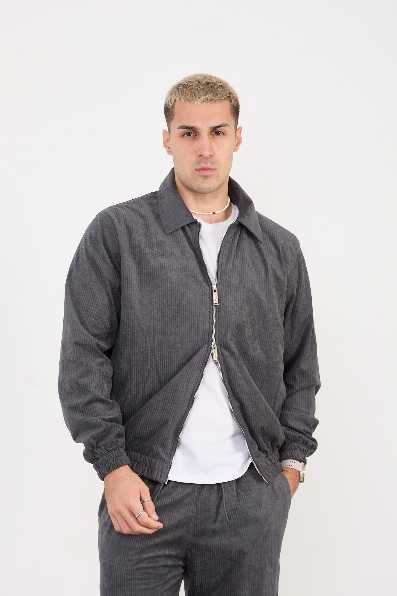 X-2037 Men’s Velour Zip Jacket & Matching Trousers Set – Grey