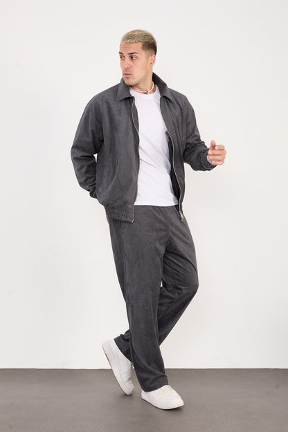 X-2037 Men’s Velour Zip Jacket & Matching Trousers Set – Grey