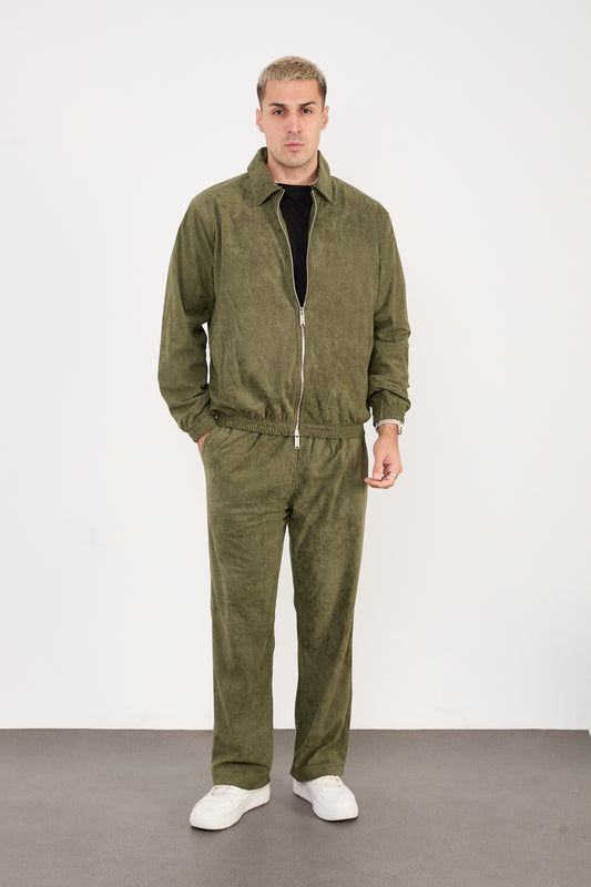 X-2037 Men’s Velour Zip Jacket & Matching Trousers Set – Olive