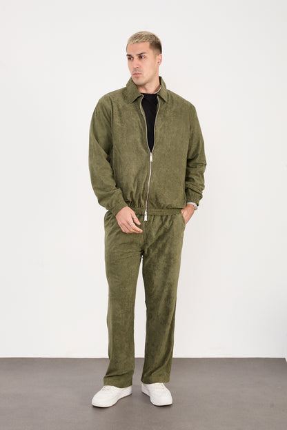 X-2037 Men’s Velour Zip Jacket & Matching Trousers Set – Olive