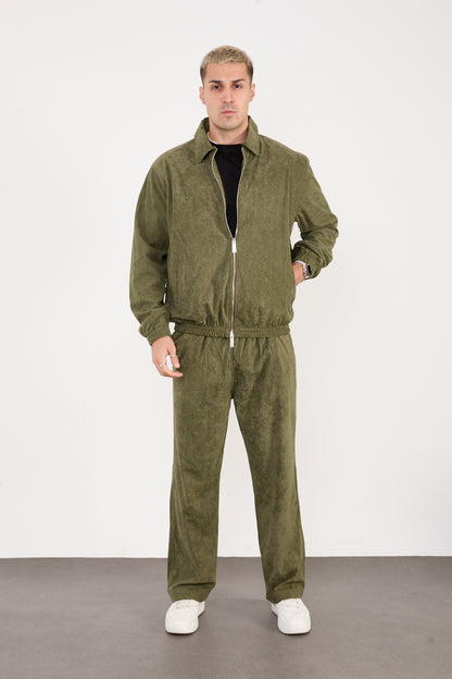 X-2037 Men’s Velour Zip Jacket & Matching Trousers Set – Olive