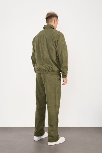 X-2037 Men’s Velour Zip Jacket & Matching Trousers Set – Olive
