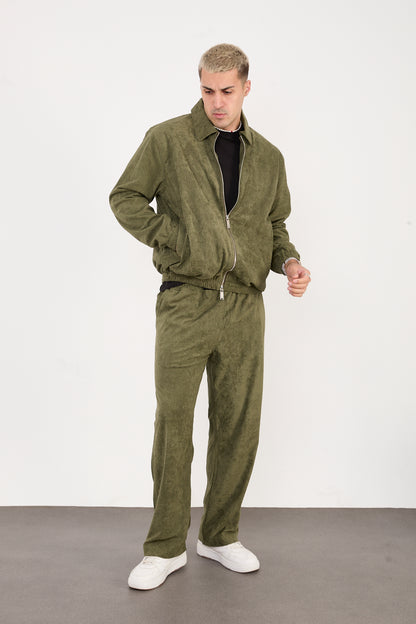 X-2037 Men’s Velour Zip Jacket & Matching Trousers Set – Olive