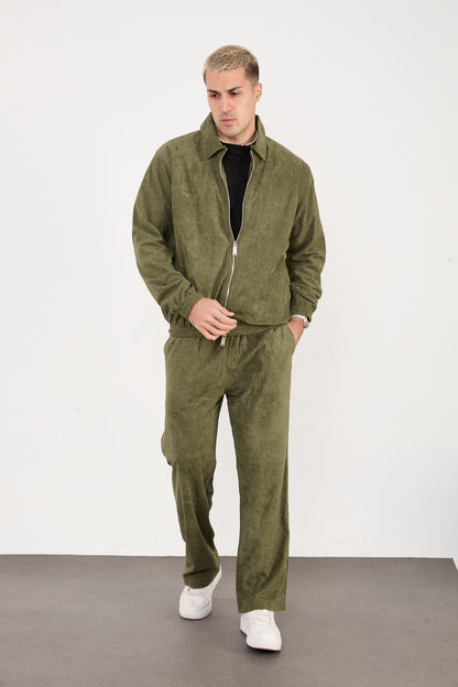 X-2037 Men’s Velour Zip Jacket & Matching Trousers Set – Olive
