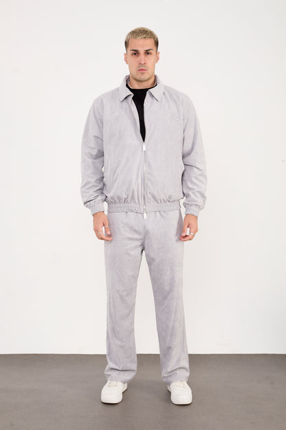 X-2037 Men’s Velour Zip Jacket & Matching Trousers Set – Light Grey