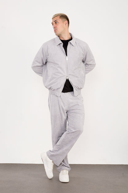 X-2037 Men’s Velour Zip Jacket & Matching Trousers Set – Light Grey