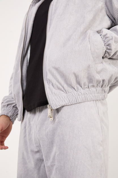 X-2037 Men’s Velour Zip Jacket & Matching Trousers Set – Light Grey