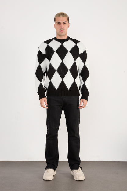 X-5008 Men’s Argyle Knit Sweater – Black & White
