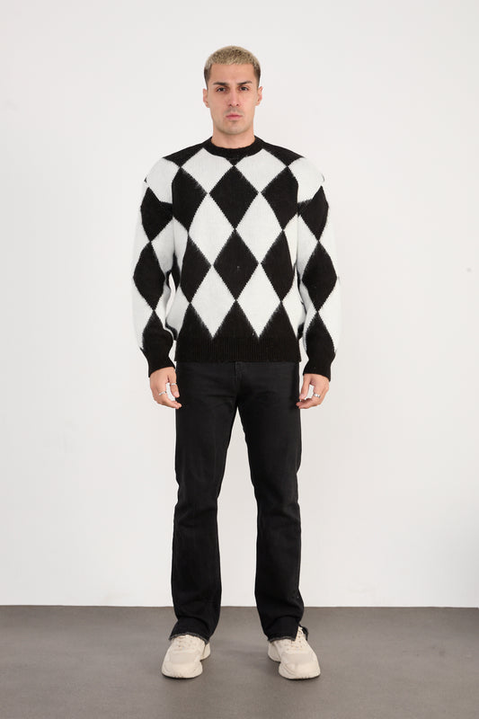 X-5008 Men’s Argyle Knit Sweater – Black & White