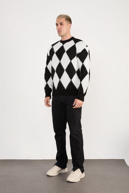X-5008 Men’s Argyle Knit Sweater – Black & White