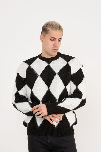 X-5008 Men’s Argyle Knit Sweater – Black & White