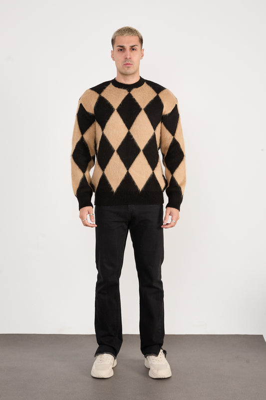 X-5008 Men’s Argyle Knit Sweater – Beige & Black