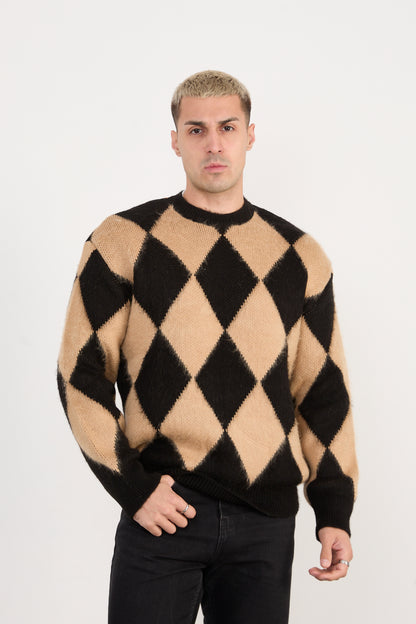 X-5008 Men’s Argyle Knit Sweater – Beige & Black