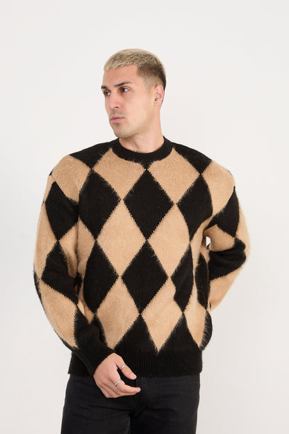 X-5008 Men’s Argyle Knit Sweater – Beige & Black
