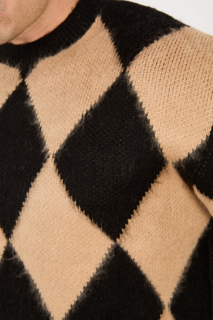 X-5008 Men’s Argyle Knit Sweater – Beige & Black