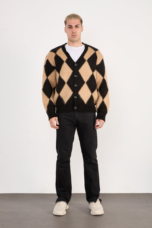 X-5007 Men’s Argyle Knit Cardigan – Beige & Black
