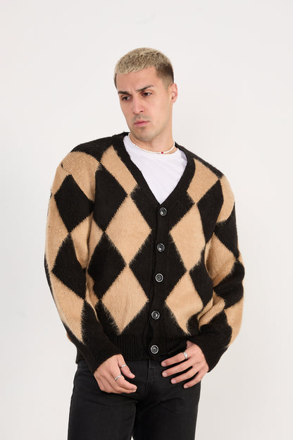 X-5007 Men’s Argyle Knit Cardigan – Beige & Black