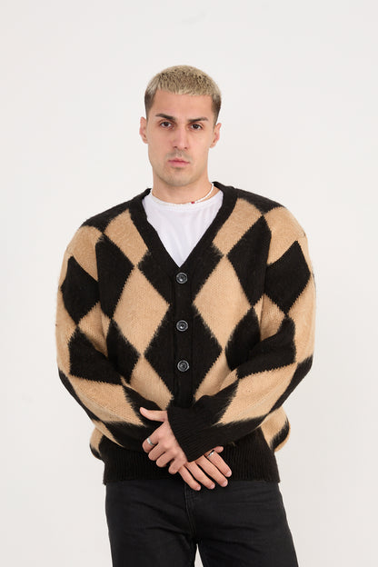 X-5007 Men’s Argyle Knit Cardigan – Beige & Black
