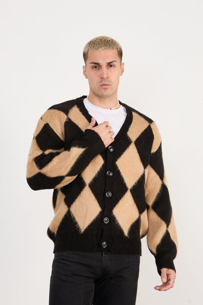 X-5007 Men’s Argyle Knit Cardigan – Beige & Black