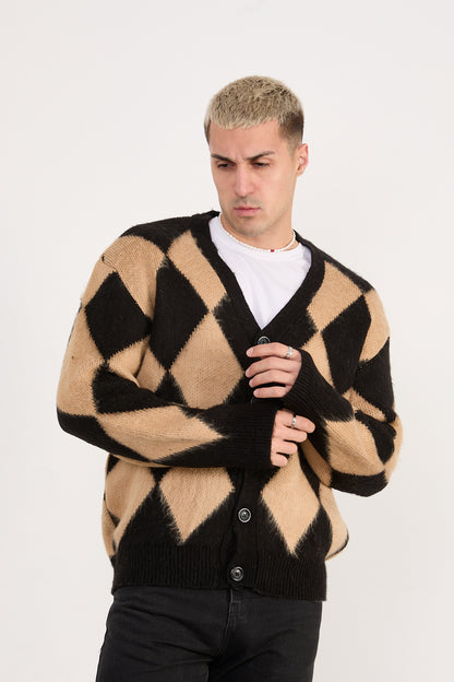 X-5007 Men’s Argyle Knit Cardigan – Beige & Black