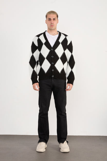 X-5007 Men’s Argyle Knit Cardigan – Black & White