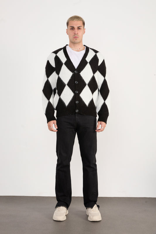 X-5007 Men’s Argyle Knit Cardigan – Black & White