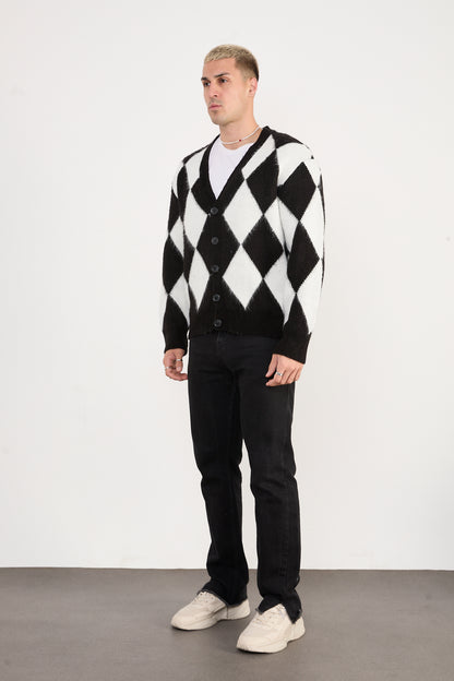 X-5007 Men’s Argyle Knit Cardigan – Black & White