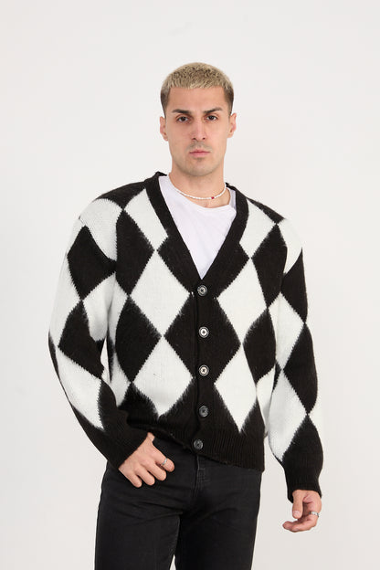 X-5007 Men’s Argyle Knit Cardigan – Black & White