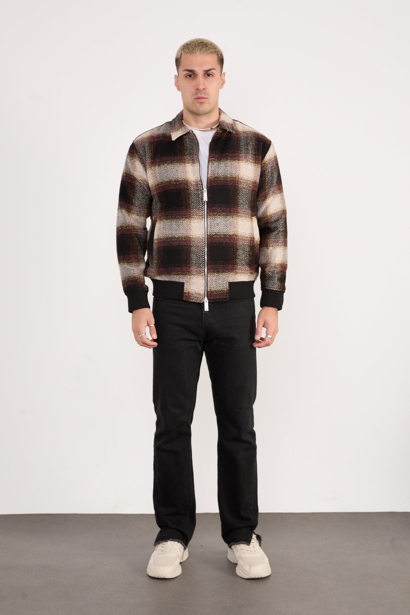 X-2038 Men’s Knit Plaid Bomber Jacket – Brown Checked