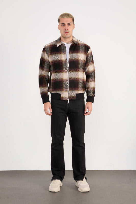 X-2038 Men’s Knit Plaid Bomber Jacket – Brown Checked