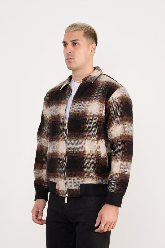 X-2038 Men’s Knit Plaid Bomber Jacket – Brown Checked