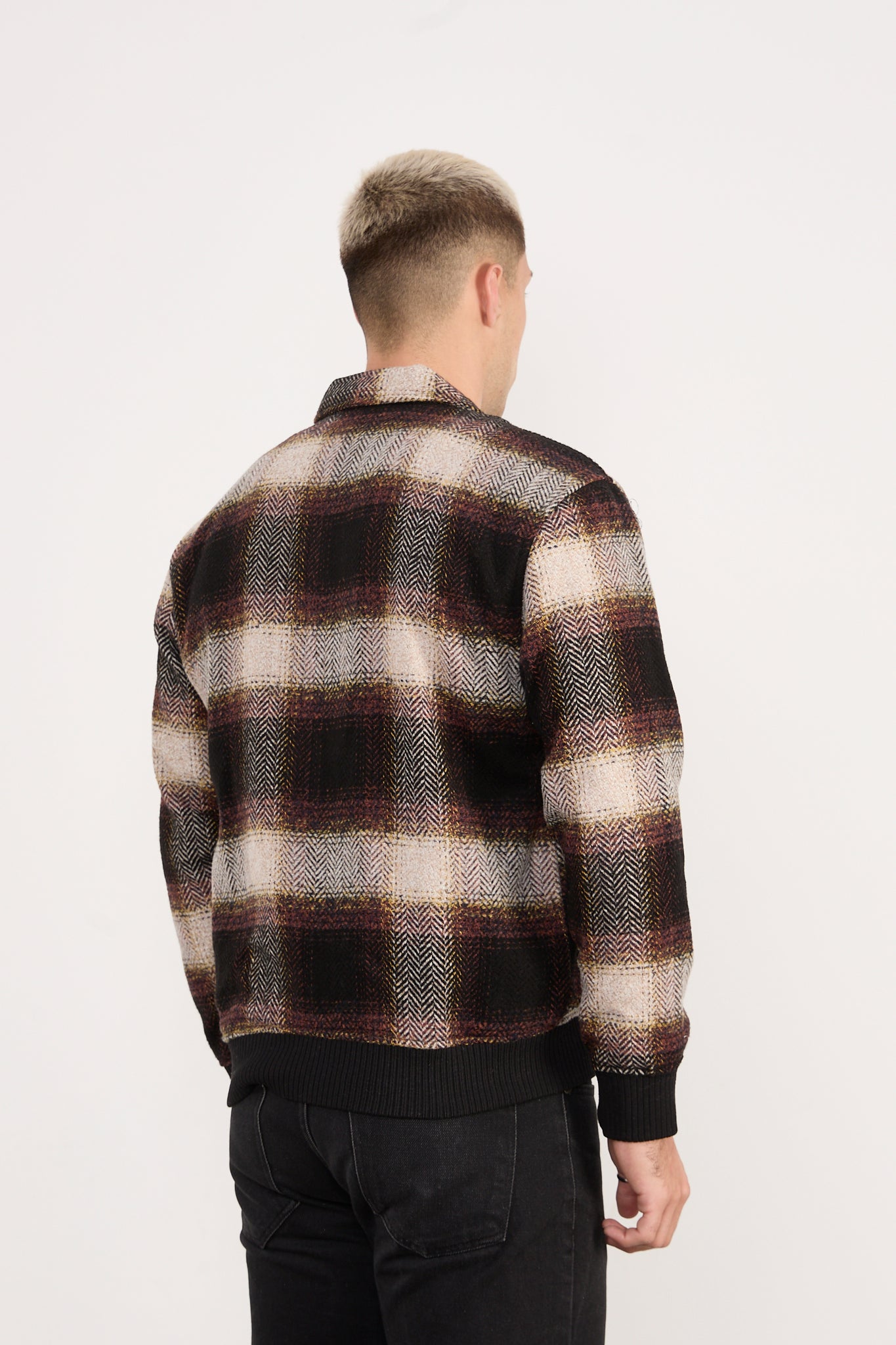 X-2038 Men’s Knit Plaid Bomber Jacket – Brown Checked
