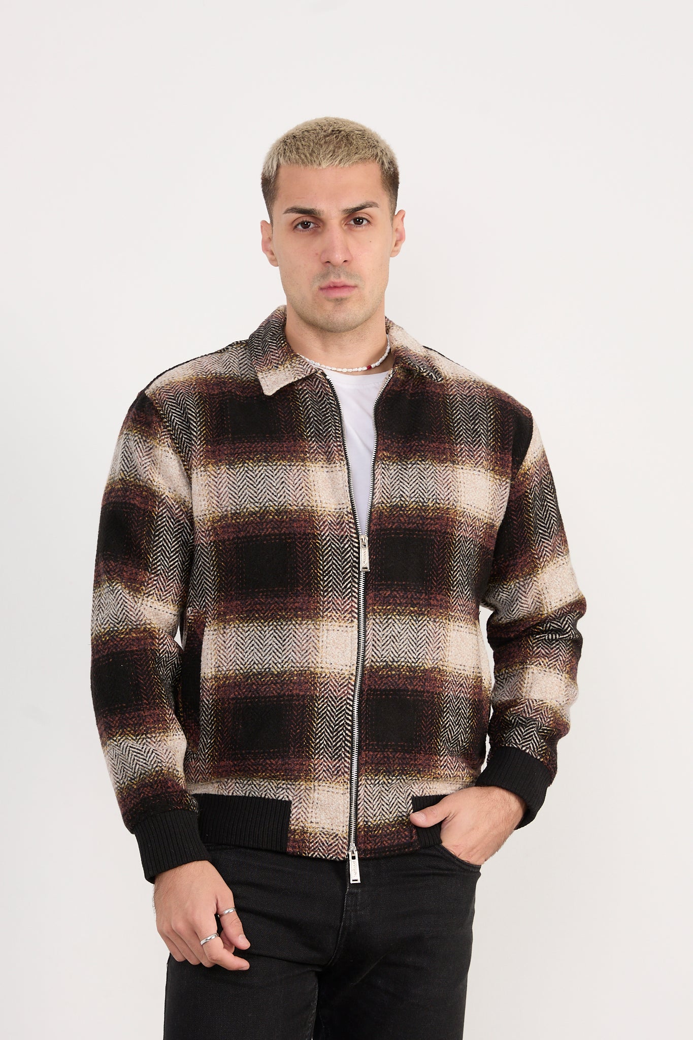 X-2038 Men’s Knit Plaid Bomber Jacket – Brown Checked