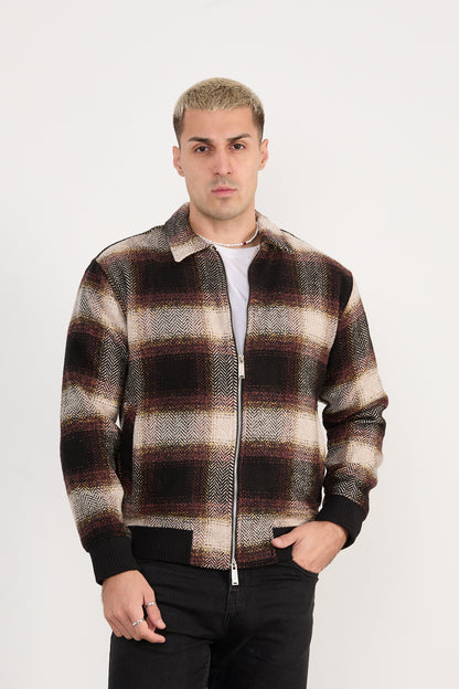 X-2038 Men’s Knit Plaid Bomber Jacket – Brown Checked