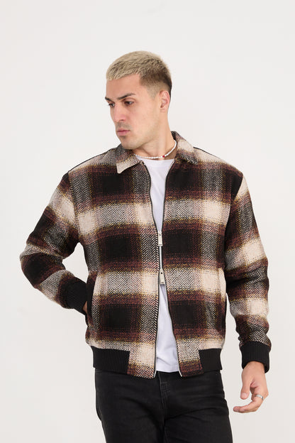 X-2038 Men’s Knit Plaid Bomber Jacket – Brown Checked
