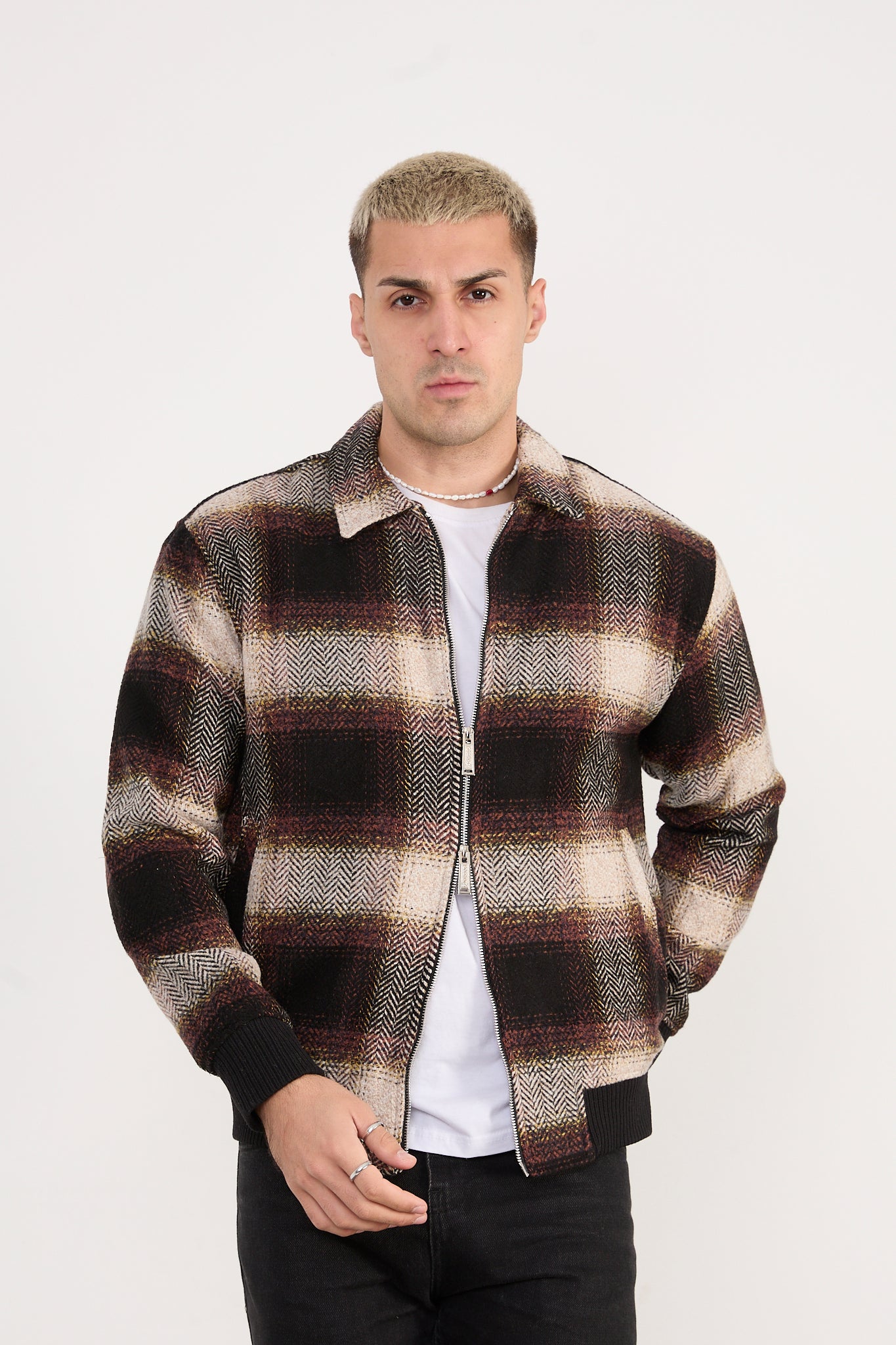 X-2038 Men’s Knit Plaid Bomber Jacket – Brown Checked