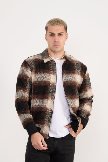 X-2038 Men’s Knit Plaid Bomber Jacket – Brown Checked