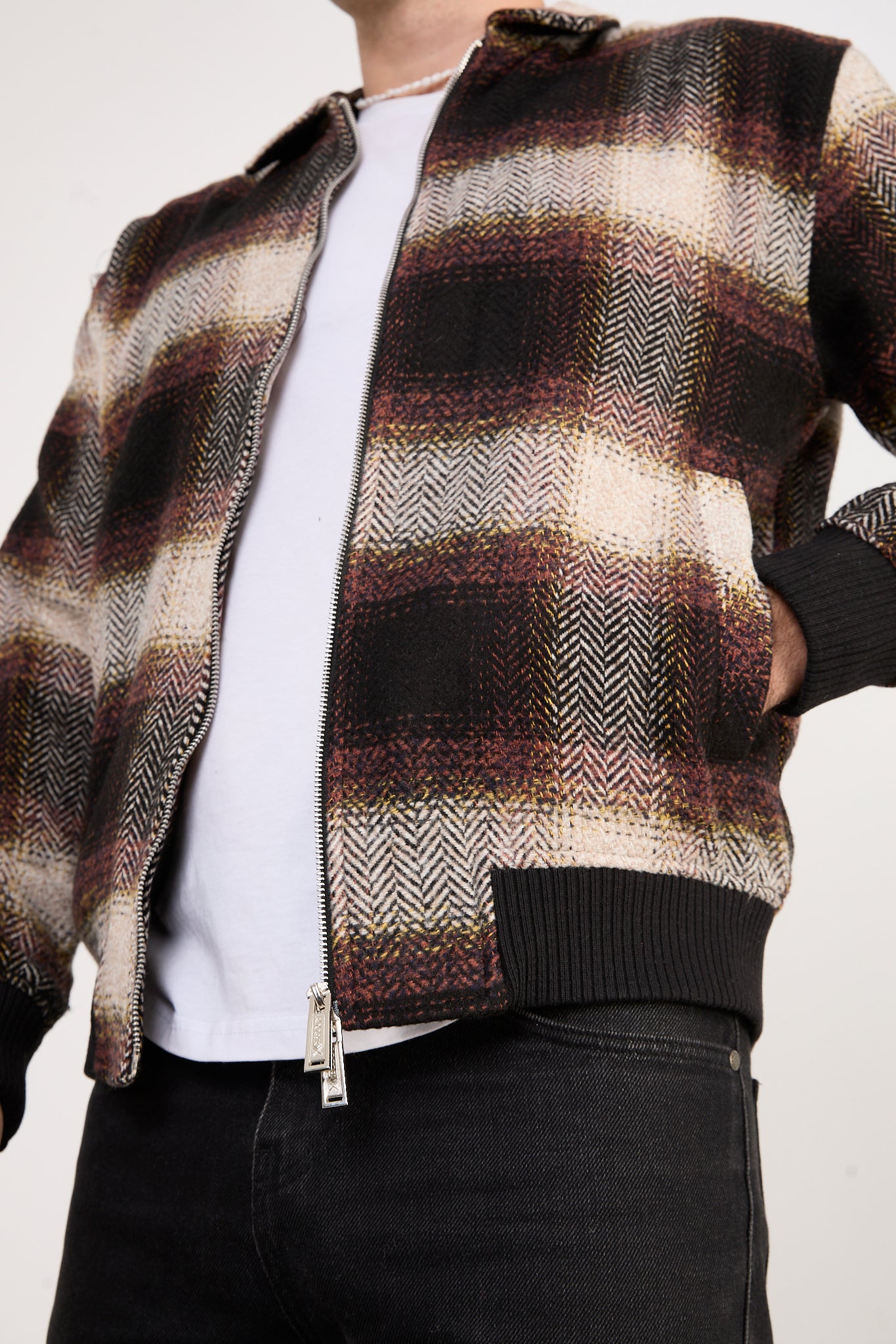 X-2038 Men’s Knit Plaid Bomber Jacket – Brown Checked