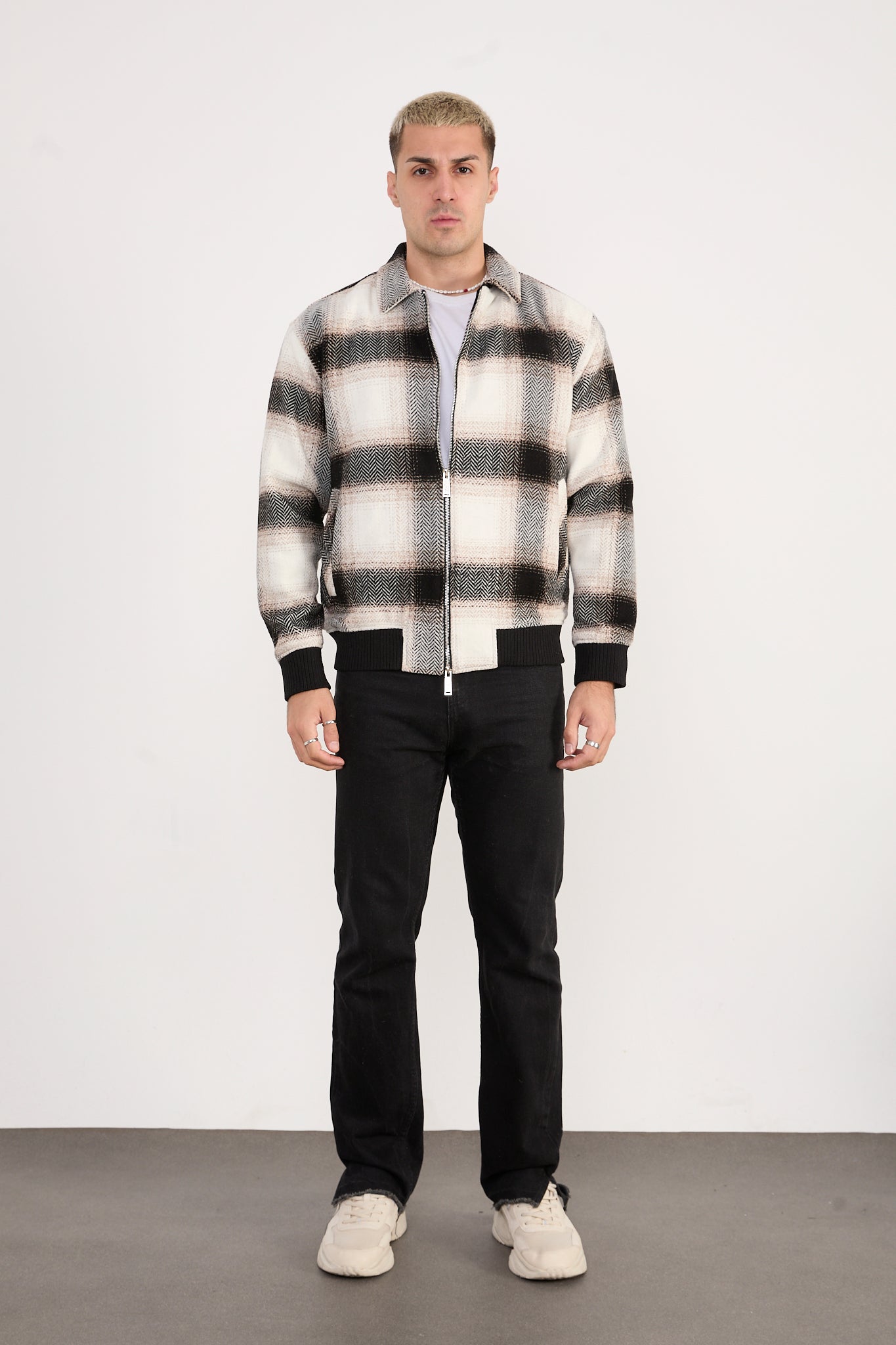 X-2038 Men’s Knit Plaid Bomber Jacket – Cream Brown Check