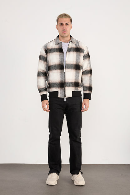 X-2038 Men’s Knit Plaid Bomber Jacket – Cream Brown Check