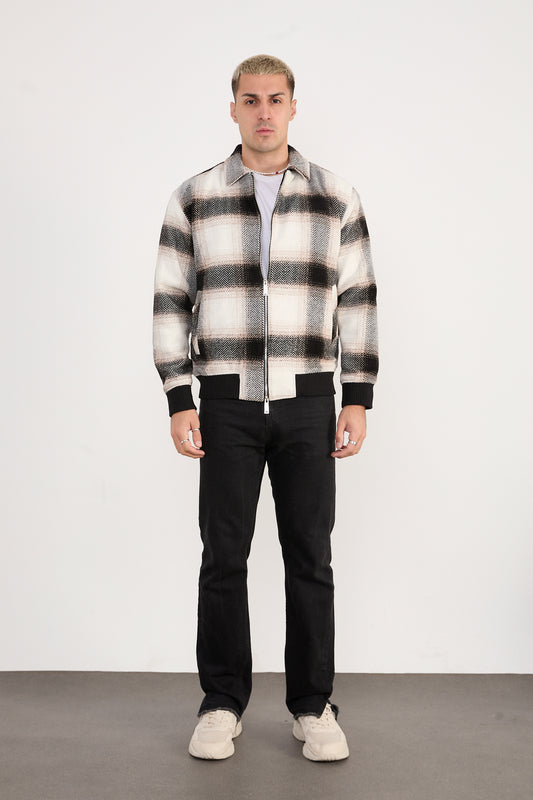 X-2038 Men’s Knit Plaid Bomber Jacket – Cream Brown Check
