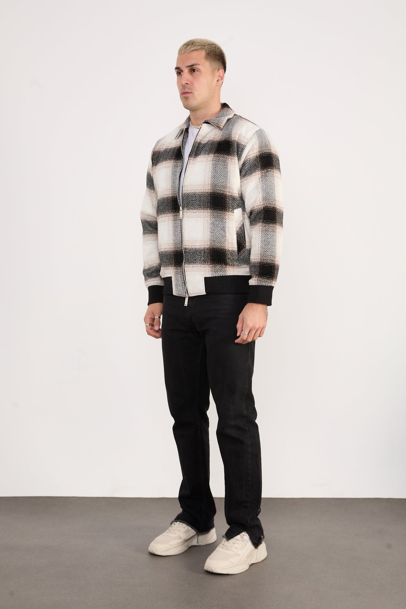 X-2038 Men’s Knit Plaid Bomber Jacket – Cream Brown Check