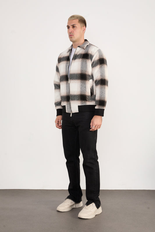 X-2038 Men’s Knit Plaid Bomber Jacket – Cream Brown Check