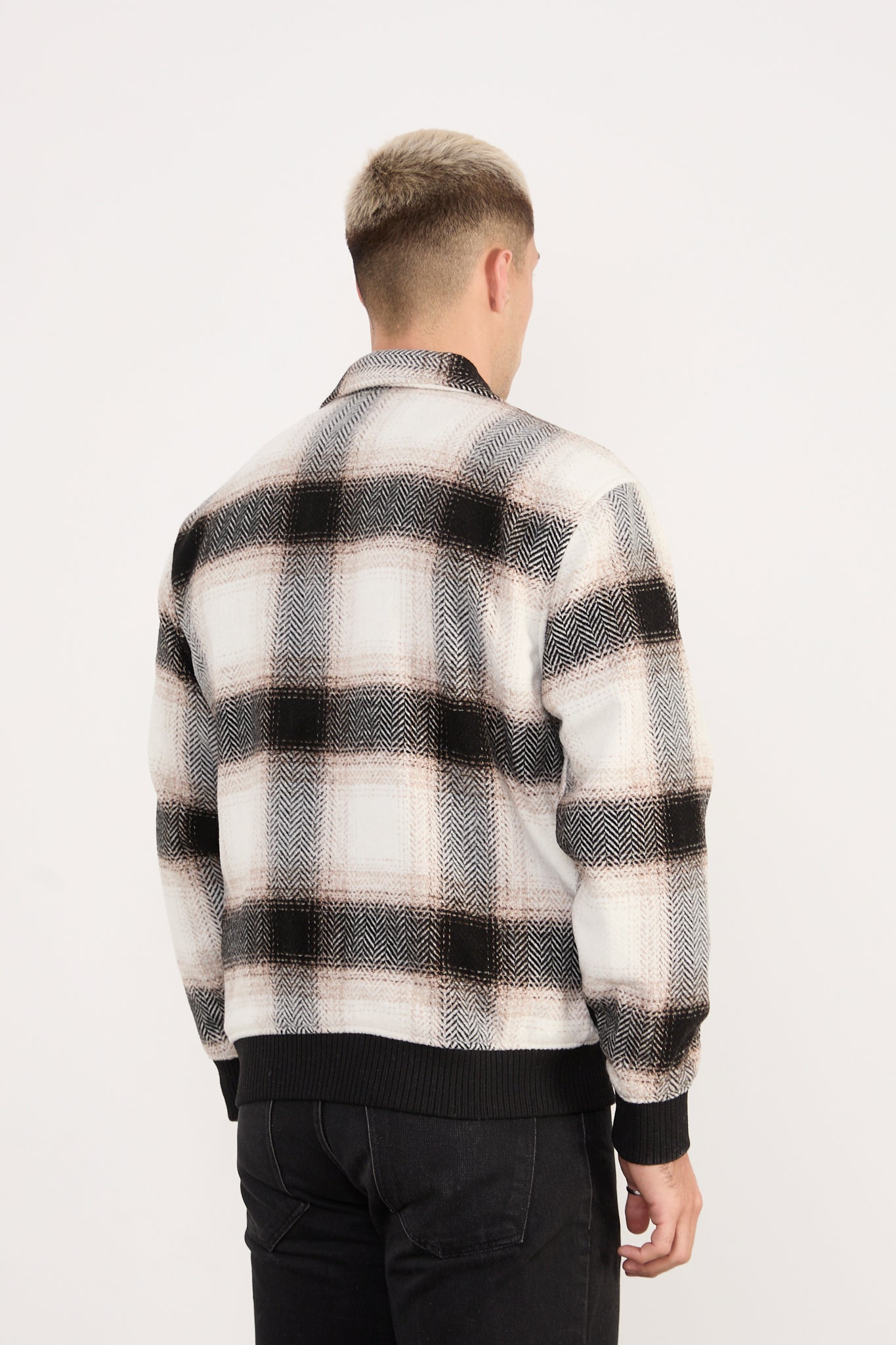 X-2038 Men’s Knit Plaid Bomber Jacket – Cream Brown Check