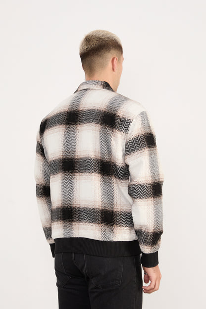 X-2038 Men’s Knit Plaid Bomber Jacket – Cream Brown Check