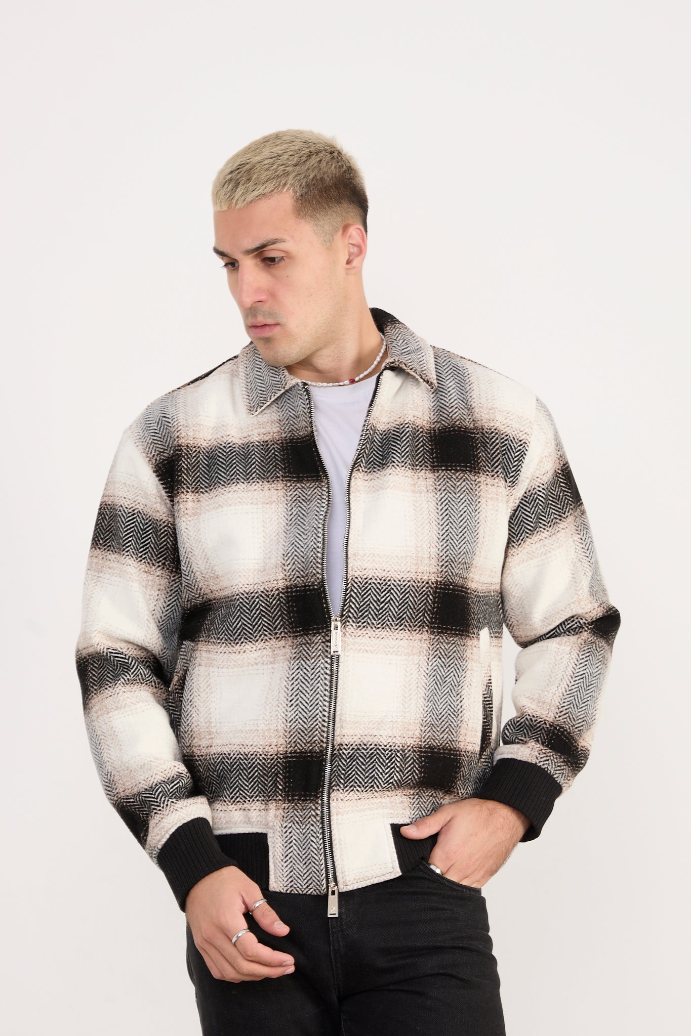 X-2038 Men’s Knit Plaid Bomber Jacket – Cream Brown Check
