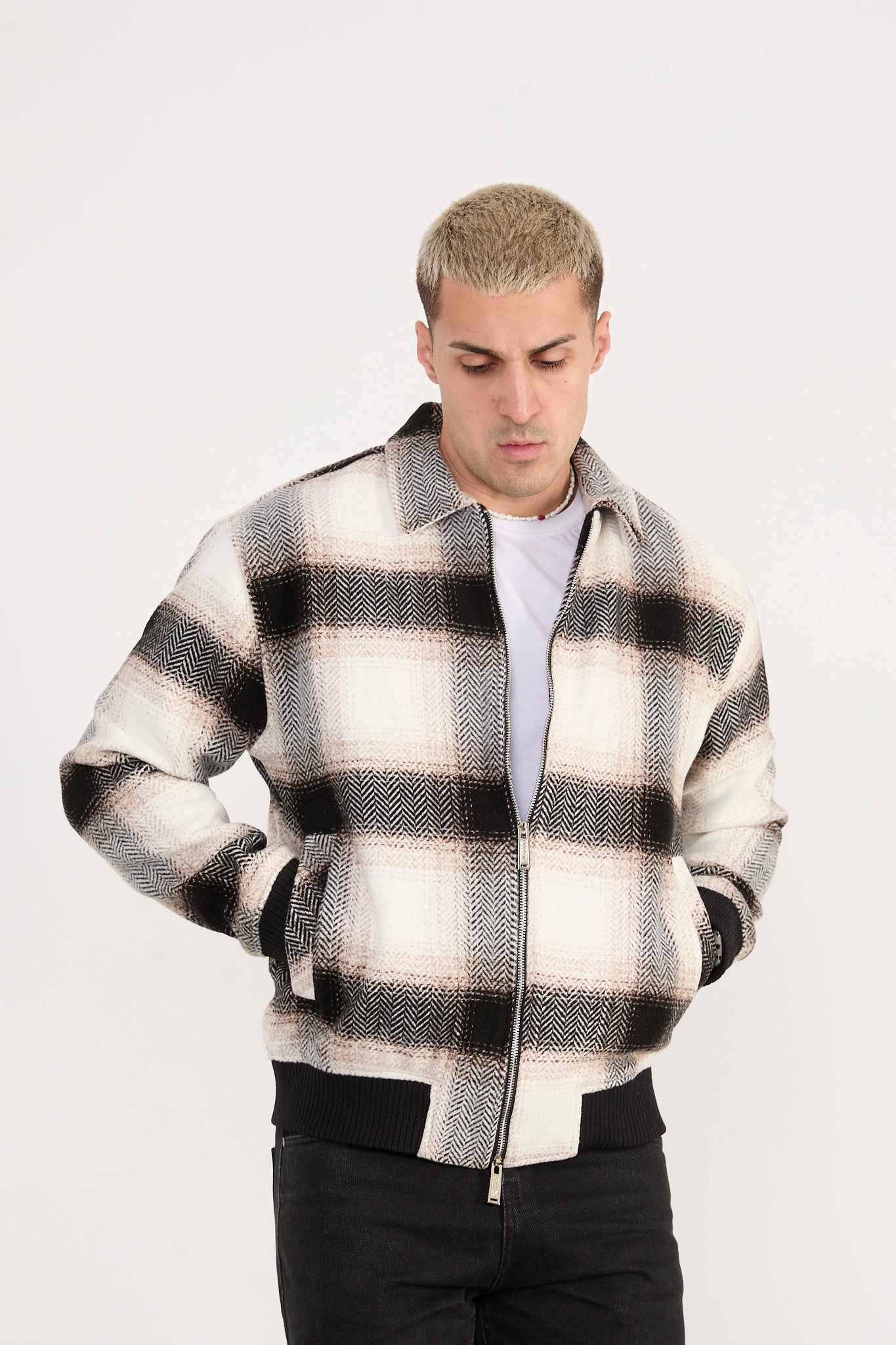 X-2038 Men’s Knit Plaid Bomber Jacket – Cream Brown Check