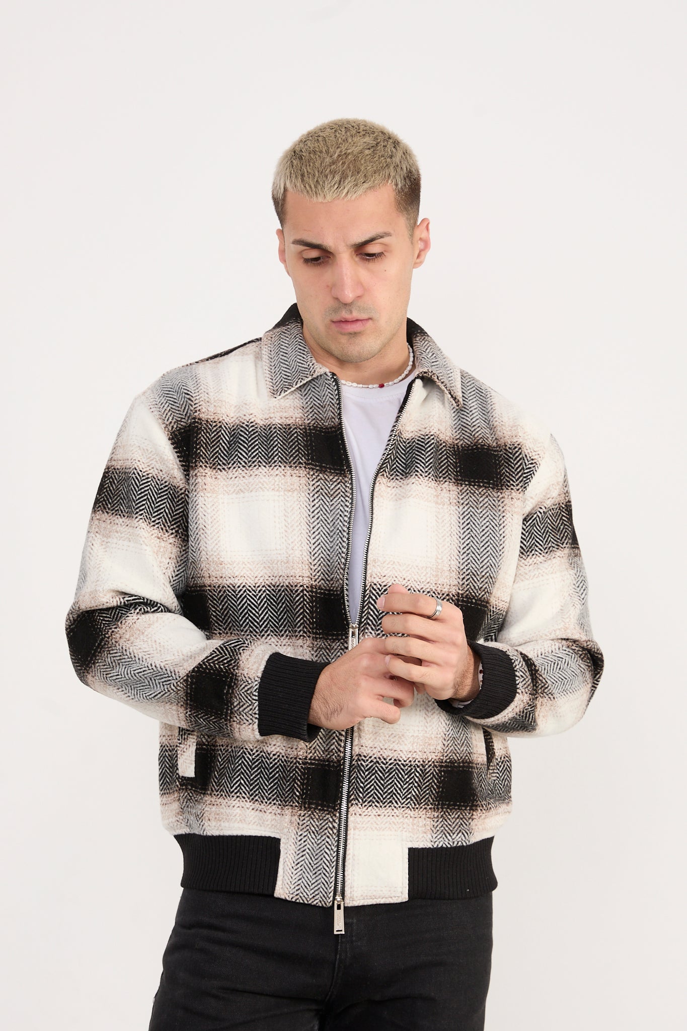 X-2038 Men’s Knit Plaid Bomber Jacket – Cream Brown Check
